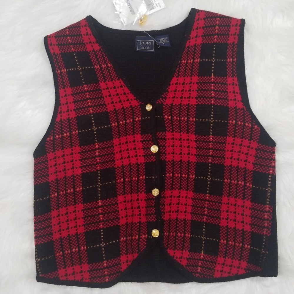 Laura Scott flannel Red and Black V Neckline Button Down Vest. Size S NWT